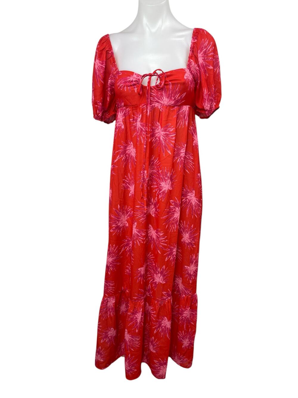 NEW 4SI3NNAI Floral Smocked Short Puff Sleeve Square Neck Maxi A-Line Dress S